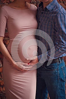 Cropped image of beautiful pregnant woman and her handsome husband hugging the tummy