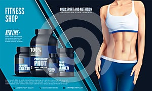 Cropped image of beautiful young sportswoman in the sport tights and the bra, and set of bottles with sport nutrition. Vector