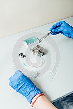 cropped image of biologist working by tweezers in modern