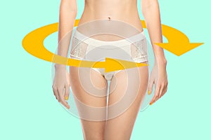 Cropped image of female slim body, belly with drawing arrows. ÃÂ¡aring for women& x27;s health. Collage
