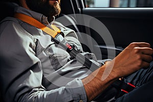Cropped image of man fastening seat belt while sitting in car