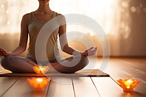 Cropped image of meditating female yogi dressed in activewear. Generative AI