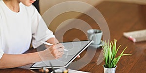 Cropped image of quiet woman drawing on white blank screen computer laptop with stylus pen.