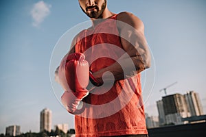 cropped image of sportsman tying boxing glove
