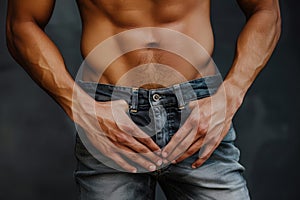 Cropped image of sporty man with abs posing in jeans
