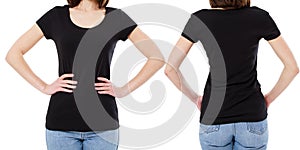 Cropped image -t-shirt design and people concept - close up of young woman in blank black t-shirt, shirt front and back isolated