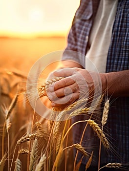 Cropped image of unrecognized man in the wheat field. Farmer holding the spikes of grain in hands carefully. Blurred backdrop.