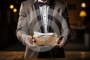 Cropped image of a waiter holding a gift box in a restaurant Ai generati