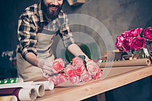 Cropped low angle view photo of charming handsomer youth people person entrepreneur floral natural assortment woman day