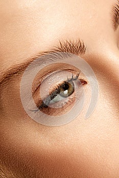 Cropped macro photo of woman with well-kept skin and natural fashion make-up. Eyes, lashes and brows.