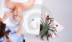 Cropped photo of a beautician, massage the face of a senior woman using a roller wooden massager. Beauty salon, scented