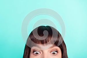 Cropped photo brunette woman looking adown staring shocked isolated vivid turquoise color background