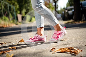 Cropped photo of carefree small girl legs wear pink shoes enjoying sunny weather walking outside urban city park