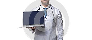 cropped photo of emedicine and doctor man with laptop, banner. doctor promoting emedicine