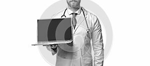 cropped photo of emedicine and doctor man with laptop, banner. doctor promoting emedicine