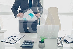 Cropped photo of expert man in formalwear prepare to conference