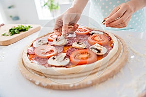 Cropped photo of housewife chef hands cooking pizza recipe covering dough ingredients fresh slices tomatoes mushrooms