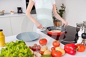 Cropped photo of housewife lady hands put grilled salmon fillet steak flying pan ready roasted condition cooking family