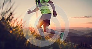 Cropped photo of Middle-aged mountain trail runner man dressed bright t-shirt with a backpack endurance running uphill by