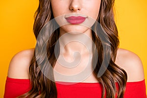 Cropped photo portrait of pretty model wearing red lipstick off-shoulders top isolated on bright yellow color background