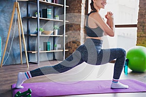 Cropped photo of sportive girl doing exercise stretching in new brand sportswear house gym