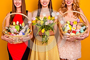 Cropped photo of three funny ladies hold easter baskets bunch family gathering tradition wear fancy dress isolated