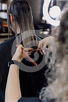 Cropped photo of woman hairstylist making hairstyle cutting tips of long dark hair, holding scissors, pink barber comb.