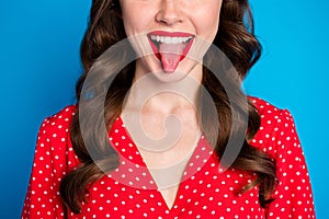 Cropped photo of young attractive happy positive smiling girl with red pomade stick tongue out isolated on blue color