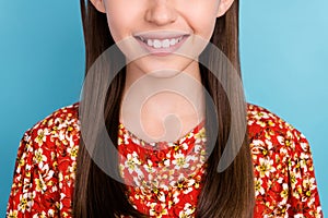Cropped photo of young girl toothy smile dentistry caries protection isolated over blue color background