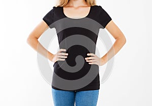 Cropped portrait cute girl in tshirt,woman in black t-shirt isolated on white background,blank