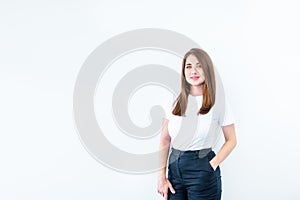 Cropped portrait of Happy plus size caucasian smiling young woman looking at camera and posing isolated over white background. Bod
