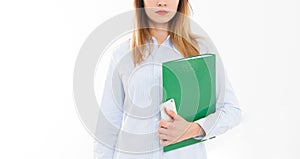 Cropped portrait of modern business woman with cell phone, folder or document case isolated on white background. Girl in shirt
