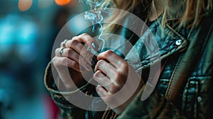 Cropped portrait of woman with cigarette and black nail polish. Model in leather jacket, looks as emo-punk smoking