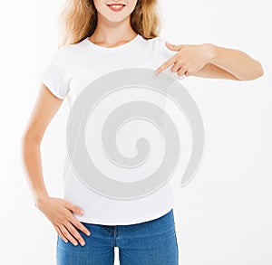 Cropped portrait woman in white tshirt isolated on white background, mock up for desigh