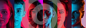 Cropped portraits of group of multiethnic people on multicolored background in neon light. Collage made of 6 models