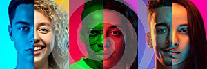 Cropped portraits of group of multiethnic people on multicolored background in neon light. Collage made of 6 models