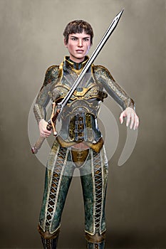 Cropped rendering of a beautiful medieval female knight or noblewoman holding a sword