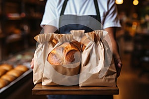 Cropped shot of bakery owner or employee holding freshly baked wheat bread loaves packed in craft paper bags. High