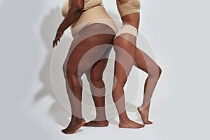 Cropped shot of bodies of slim and plump women in underwear standing back to back isolated over gray background