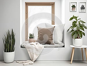 Cropped shot of cozy living room with mock up frame on white wall and plant pot. Generative AI