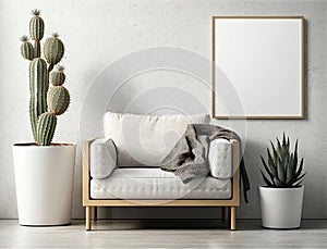 Cropped shot of cozy living room with mock up frame on white wall and plant pot. Generative AI