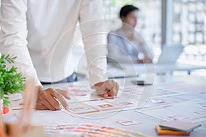 Cropped shot of creative UX UI designers team developing programming and coding mobile application from prototype and wireframe