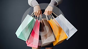 Cropped shot of female hand holding bunch of different colorful blank shopping bags over isolated black background. AI Generative