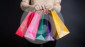 Cropped shot of female hand holding bunch of different colorful blank shopping bags over isolated black background. AI Generative
