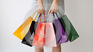 Cropped shot of female hand holding bunch of different colorful blank shopping bags over isolated white background. AI Generative