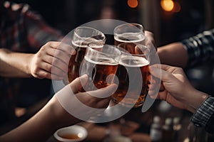 cropped shot of friends clinking glasses with beer at bar counter, Group of peoples holding Beer on glass, AI Generated