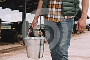 cropped shot of male farmer holding bucket photo