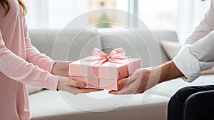 cropped shot of man giving gift box to woman in living room