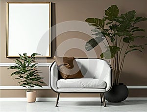 Cropped shot of modern living room with mock up frame on white wall and plant pot. Generative AI