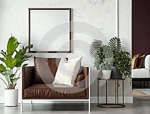 Cropped shot of modern living room with mock up frame on white wall and plant pot. Generative AI